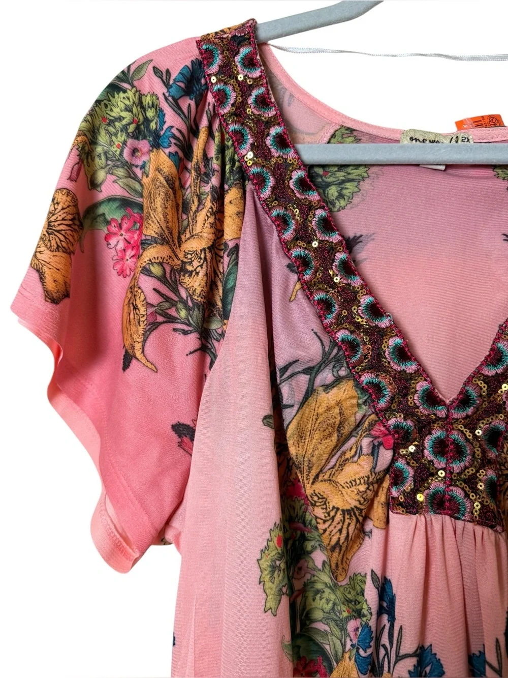 ONE WORLD 2X Pink Floral Beaded V-Neck Tunic - Picture 2 of 7